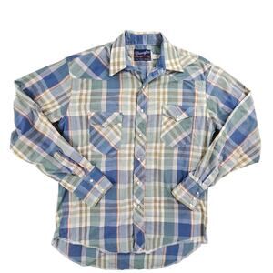 VINTAGE Wrangler Pearl Snap Mens Medium 16-36 Long Plaid Long Sleeve Western